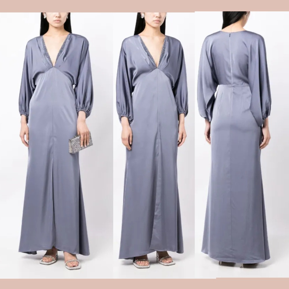 NWT $825‎ Sachin & Babi [ 4 ] Satin Gabby V Neck A Line Gown in Cool Grey S1813